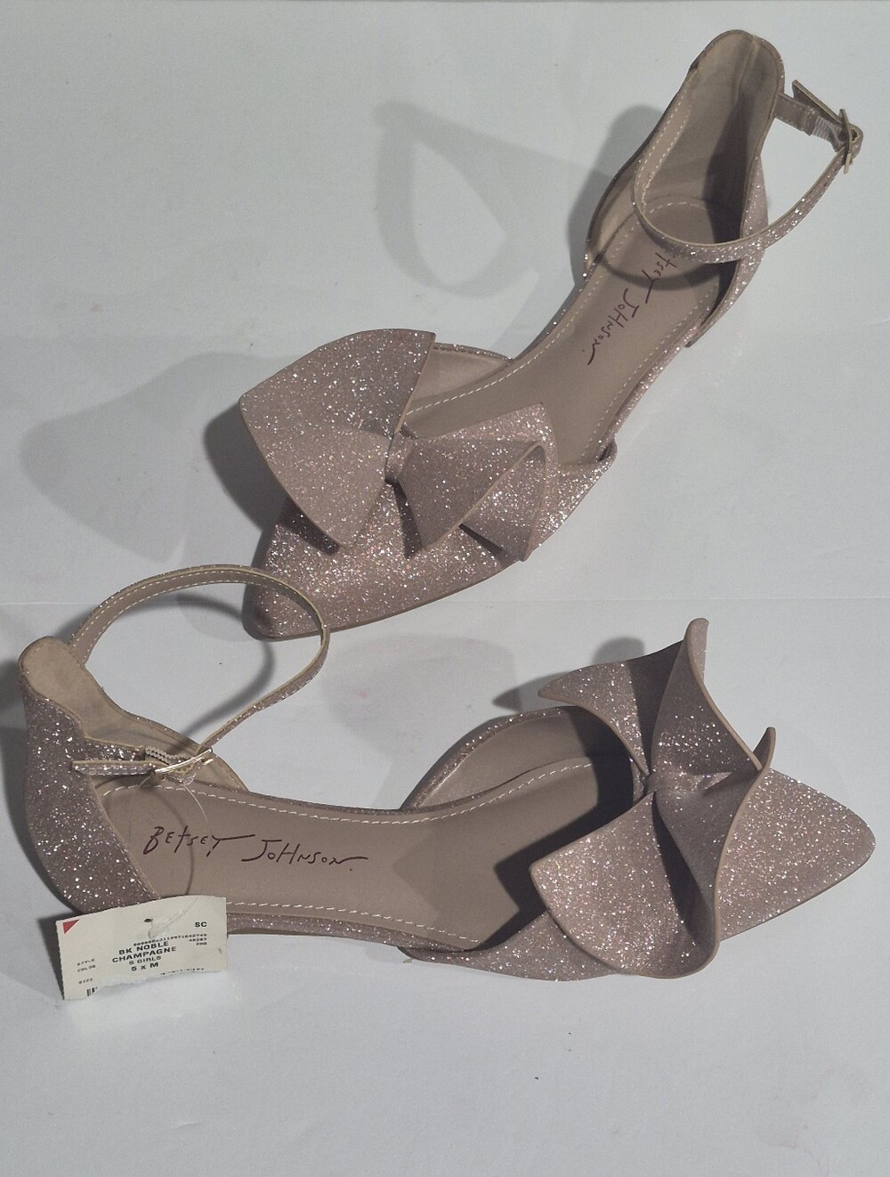 Betsey Johnson Women's Noble Pink Glitter Bow Ankle-Strap Flats Size 5